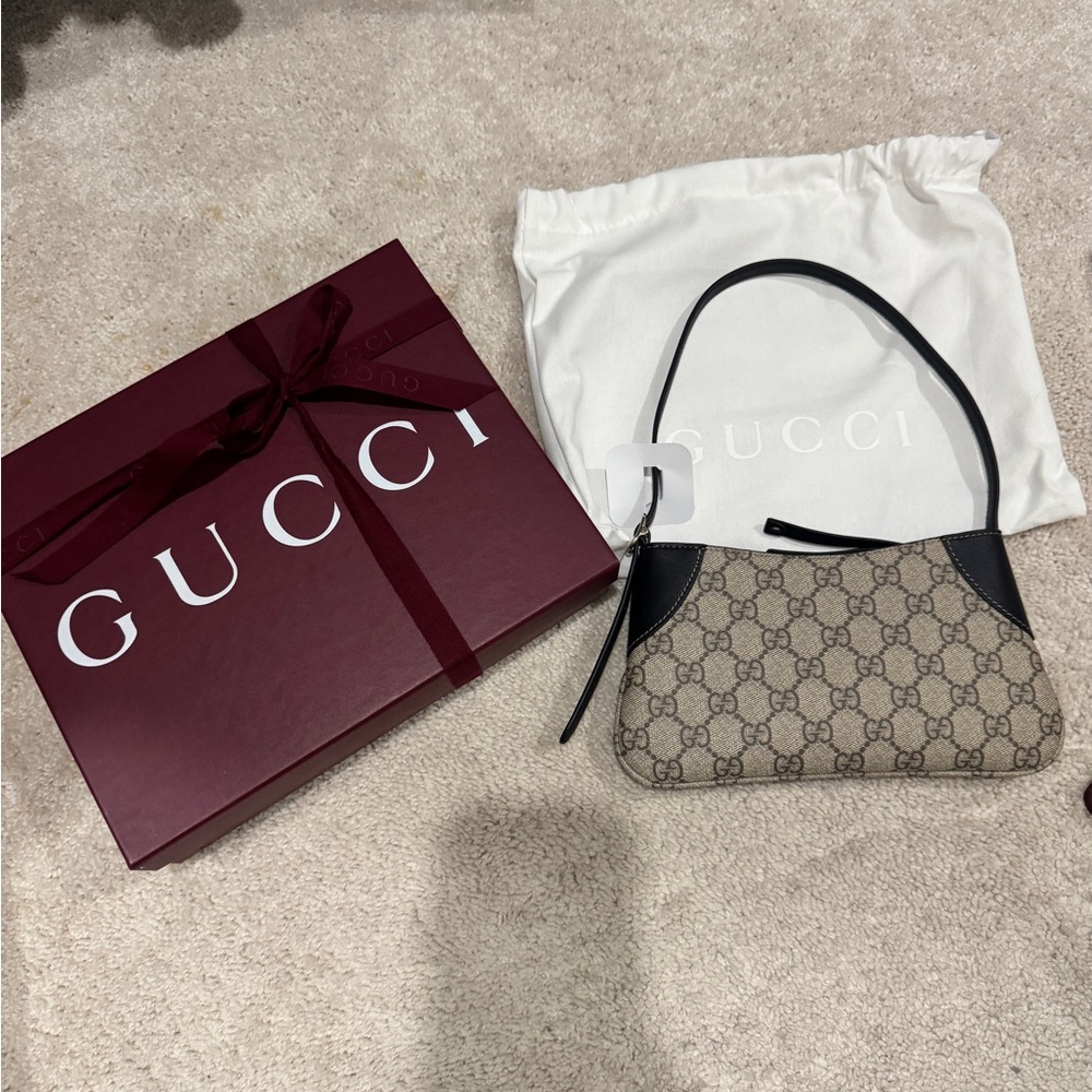 Gucci Beige GG Canvas Shoulder Bag with Black Leather Trim